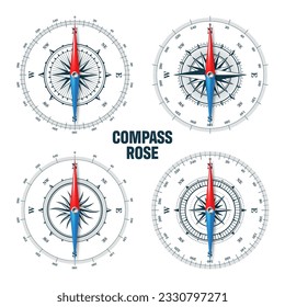 Marine compass, nautical wind rose with cardinal directions of North, East, South, West and degree markings. Geographical position and orientation, cartography and navigation. Vector illustration
