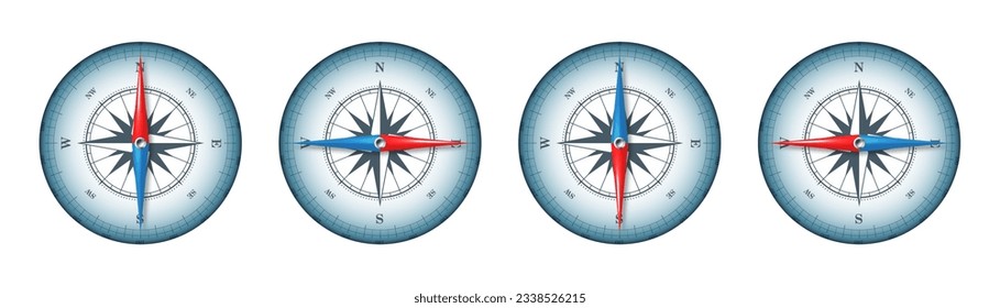 Marine compass, nautical wind rose with cardinal directions of North, East, South, West and degree markings. Geographical position and orientation, cartography and navigation. Vector illustration