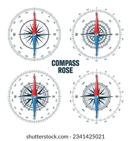 Marine compass, nautical wind rose with cardinal directions of North, East, South, West and degree markings. Geographical position and orientation, cartography and navigation. Vector illustration