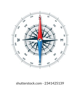 Marine compass, nautical wind rose with cardinal directions of North, East, South, West and degree markings. Geographical position and orientation, cartography and navigation. Vector illustration