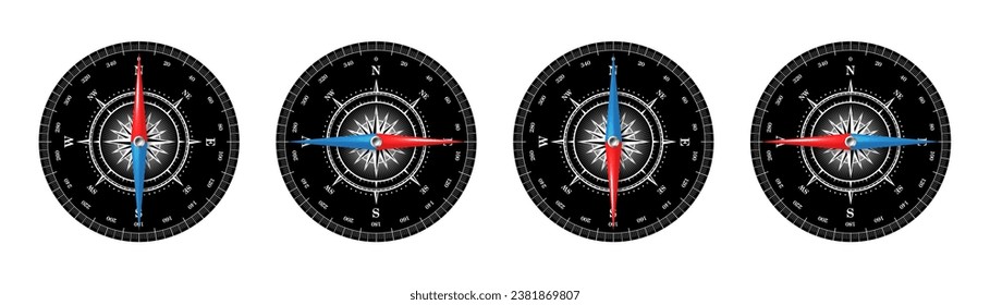 Marine compass, nautical wind rose with cardinal directions of North, East, South, West and degree markings. Geographical position and orientation, cartography and navigation. Vector illustration