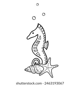 Marine Composition of cute Seahorse, Starfish and Seashell. Hand drawn Vector isolated illustration. Graphic summer Sea Sketch, line art.