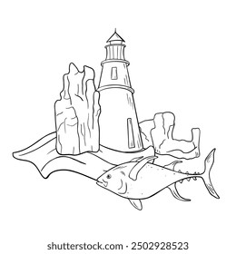 Marine composition with fish black and white line art. Lighthouse and rocks with ocean creature vector graphic drawn illustration. Big fish on wave painted by ink silhouette for nautical themes.