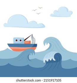Marine composition, fishing boat in the sea. Vector objects in cartoon style