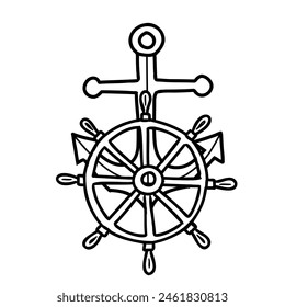 Marine Composition from with Steering Wheel and Nautical Anchor. Hand drawn Vector illustration. Graphic Sketch. Isolated summer Sea art.