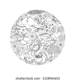 Marine concept in circle shape with thin line various sea creatures  isolated on white background. Hand drawing  fish, coral, shell, and seaweed. Sea-themed design elements. Retro marine vector.