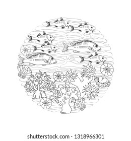 Marine concept in circle shape with thin line various sea creatures isolated on white background. Hand drawing fish, coral, shell, and seaweed. Sea-themed design elements. Retro marine vector.