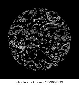 Marine concept in circle shape with thin line various sea creatures isolated on black. Hand drawing fish, crab, starfish, shell. Sea-themed design elements. Retro marine vector illustration.