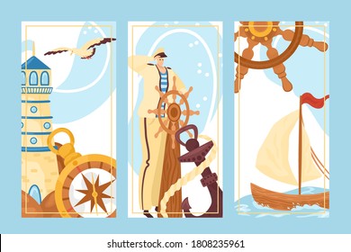 Marine concept, sailor at sea, lighthouse vector illustration. Cartoon man captain character with wheel at nautical travel, flat seaman at ocean ship set. Anchor, spyglass, water and pipe design.