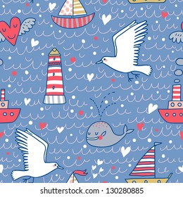 Marine concept seamless pattern. Whale, boat, ship, lighthouse, seagull in funny cartoon background in vector