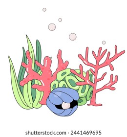 Marine concept, shells and seaweed, t-shirt print, children's poster, on white background. Underwater world with seaweed.