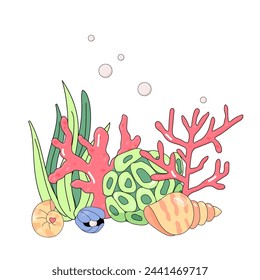 Marine concept, shells and seaweed, t-shirt print, children's poster, on white background. Underwater world with seaweed.