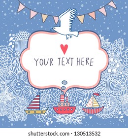 Marine concept vector background in vintage style. Ships and seagull in the sea
