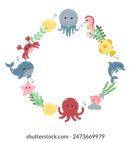marine concept. wreath with marine animals, Sea life. cute fish. vector childrens cute background