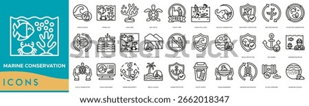 Marine Conservation icon line set. Ocean Cleanup , Marine Life , Coral Reef , Sea Turtle , Plastic Free  and Ocean Pollution 