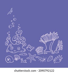 Marine coral reef background in very peri color. Card template with underwater animals and plants. Wildlife of the ocean floor, aquarium, zoo. Hand drawn vector illustration. Diving in the sea.