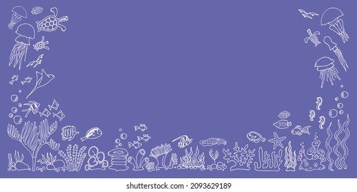 Banner de arrecife de coral marino de color muy peri. Plantilla de tarjeta con animales submarinos y plantas. Fondo de vida silvestre en el océano, acuario, zoo. Ilustración vectorial dibujada a mano. Buceando en el mar.