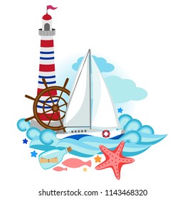 Marine corner composition, ornament made from nautical objects, yacht sailboat on waves, lighthouse, steering wheel helm, sea waves, clouds, bottle with message, fish. For banner, advertising, print.