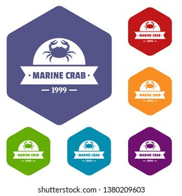 Marine crab icons vector colorful hexahedron set collection isolated on white 