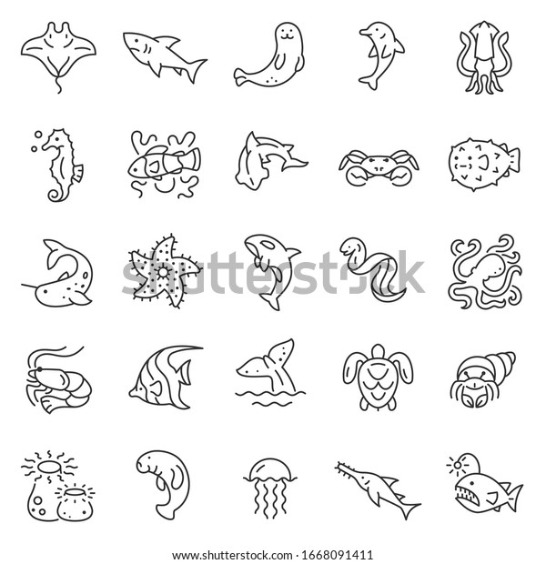 Marine creatures, icon set. Fauna of\
ocean and sea, linear icons. Line with editable\
stroke