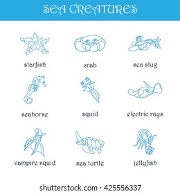 Marine creatures in the sea. For banners, postcards, children's illustrations, books, prints, patterns. Icons. Icons of sea monsters.