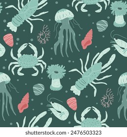 Marine creatures seamless pattern with stylized lobsters, jellyfish, crabs, sea anemones, seashells, and corals set against a dark teal backdrop. Vector hand drawn illustration.