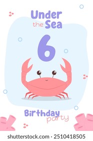 Marine creatures sixth birthday invitation. Adorable under-the-sea-themed card with a red crab and pink corals