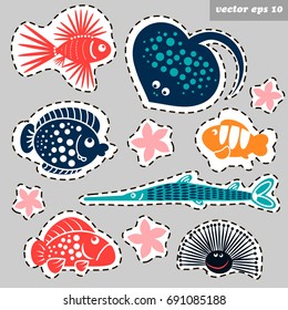 Marine creatures sticker set - stingray, lion fish, stone fish, sea urchin, sea star. Vector illustration for your designs, poster, children book, educational game.