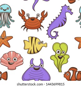 Marine creatures underwater animals and plants cartoon characters seamless pattern vector stingray and seaweed starfish and crab seahorse and clown fish jellyfish and flounder shellfish endless textur