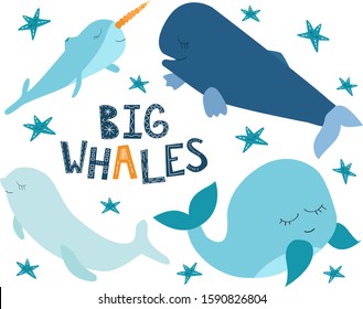 Marine creatures. Vector illustration of whales and starfish, narwhal, blue whale, beluga whale, arranged around lettering Big Whales. Isolated on white.