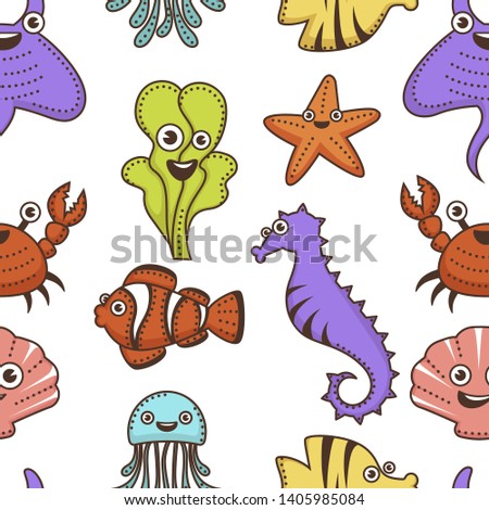 Marine cretures underwater animals and plants cartoon characters seamless pattern vector stingray and seaweed starfish and crab seahorse and clown fish jellyfish and flounder shellfish endless texture Stock photo © 