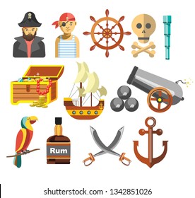 Marine criminals pirates treasure and ship navy equipment vector captain sailor rudder wheel skull and bone spyglass canon and core parrot and rum bottle swords and anchor Jolly Roger piracy symbol