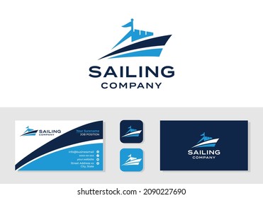 Marine cruise, shipping, sailing yacht logo and business card design template