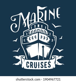 Marine cruiser and seagull logo. Nautical sea art. Wanderlust adventure print