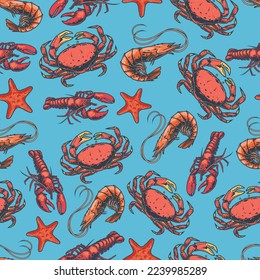 Marine crustaceans colorful pattern seamless crayfish and crabs with sharp claws and shrimp with starfish grown underwater vector illustration