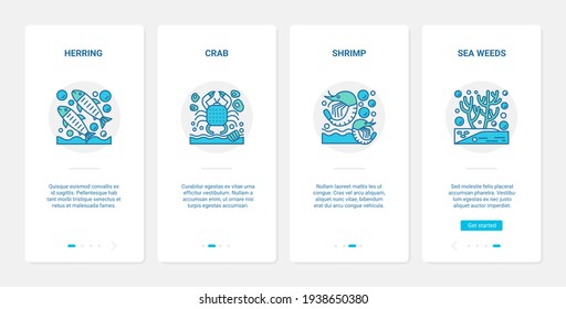 Marine crustaceans fish and underwater sea plants vector illustration. UX, UI onboarding mobile app page screen set with line sealife symbols, herring crab shrimp prawn seaweed kelp collection