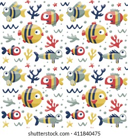 Marine cute seamless pattern with fishes, algae, starfish, coral, seabed, bubble
