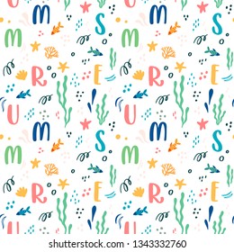 Marine cute seamless pattern with letters, starfish, fish and other underwter elements   