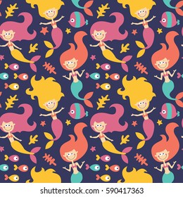 Marine cute seamless pattern with mermaids, fishes, algae, starfish, coral, seabed, bubble