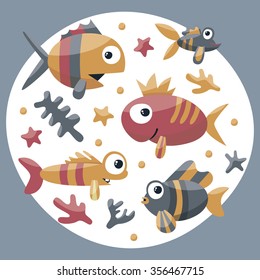 Marine cute set with fishes, algae, starfish, coral, seabed, bubble for kids