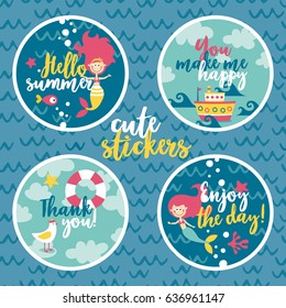 Marine cute set of stickers with mermaids, fishes, algae, starfish, coral, seabed, bubble, thank you, enjoy the day, hello summer, wave, seagull, sea