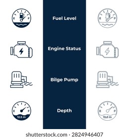 Marine dashboard gauge vector icon set featuring fuel level meter, engine status check, boat bilge pump, and water depth sounder.