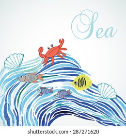 Marine decorative background with cute characters.  Watercolor background. Illustration for greeting cards, invitations, and other printing projects.