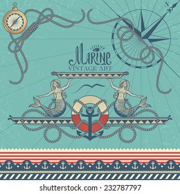 Marine Decorative Elements on Vintage Background: Corners, Sign, and Border 