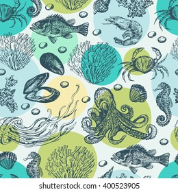 Marine decorative pattern with underwater inhabitants. Seamless pattern for fabric, paper and other printing and web projects. 