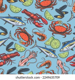 Marine delicacies colorful seamless pattern with ocean crabs and fresh crayfish with sea fish or other seafoods vector illustration