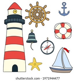 Marine design elements: anchor, starfish, wheel, boat, starfish, rope, bell, lifebuoy, lighthouse, flag, compass. Nautical theme. Cartoon sea life. Colorful set of sea transport. Marine and oceanic
