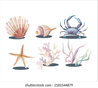 marine design elements classical sea animals plant sketch vector
