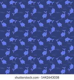 Marine design with light-violet dolphins and waves on a dark-violet background. Seamless vector pattern. For textiles, surfaces, packaging, packaging design.
