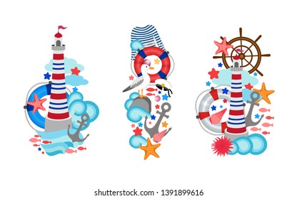 Marine designs set. Templates in flat cartoon design. Nautical print collection. Sea objects. Lighthouse and anchor. Steering wheel and life buoy. Seagull on stone. Fishes and shells. Ocean waves. 